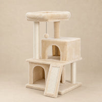 Petit arbre à chat Tilly beige de 86 cm avec deux niches et rampe à griffer sur fond beige