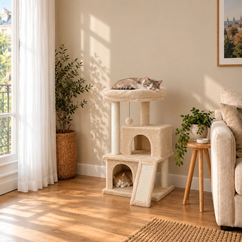 Petit arbre à chat Tilly beige dans un salon avec chats endormis sur le perchoir et dans la niche