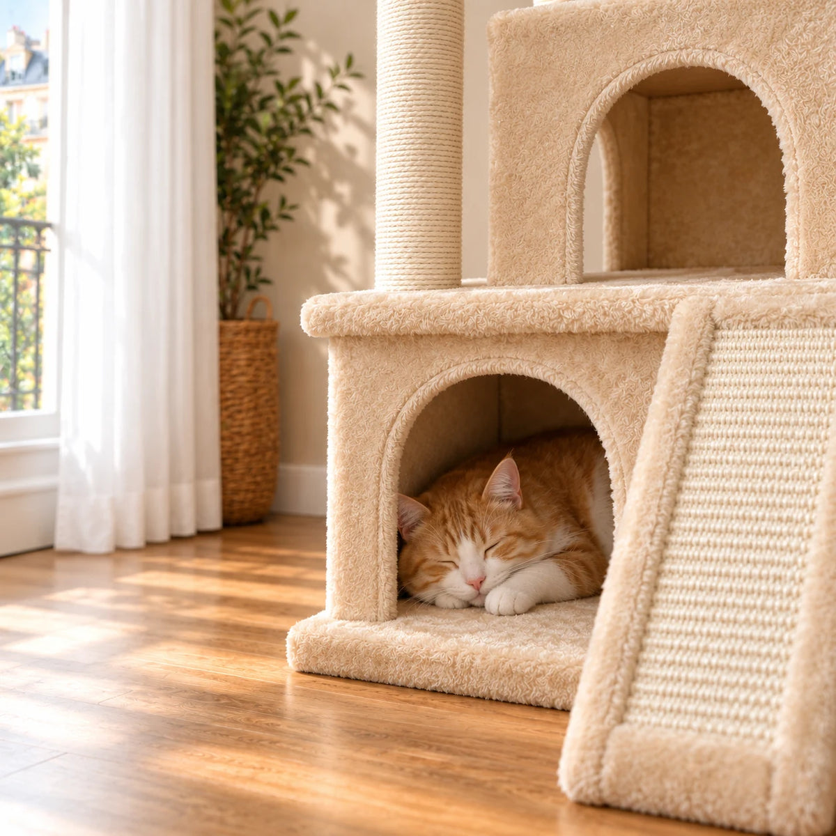 Chat roux endormi dans la niche basse de l’arbre à chat Tilly beige