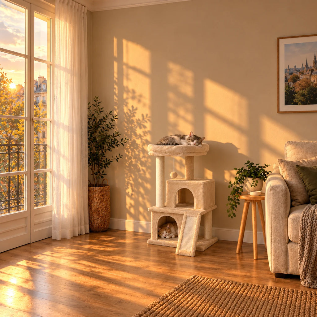 Petit arbre à chat Tilly beige dans un salon au coucher du soleil avec deux chats endormis