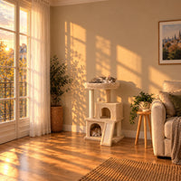 Petit arbre à chat Tilly beige dans un salon au coucher du soleil avec deux chats endormis