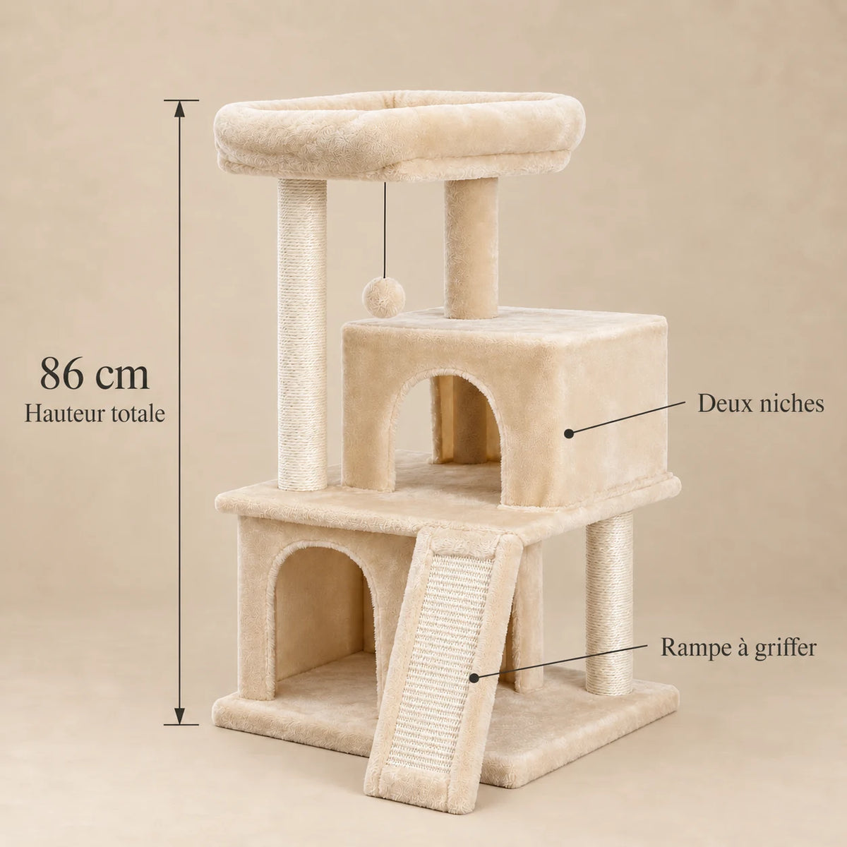 Dimensions du petit arbre à chat Tilly beige à deux niches : hauteur totale de 86 cm