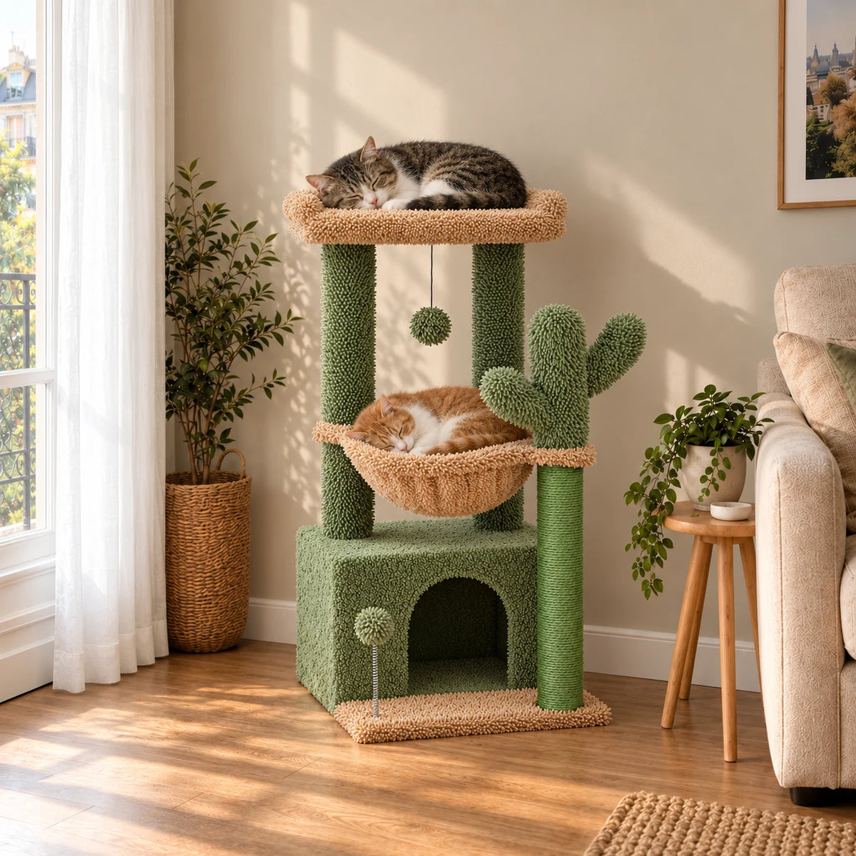 Arbre à chat Saguaro vert et beige dans le salon avec deux chats endormis sur le perchoir et dans le hamac
