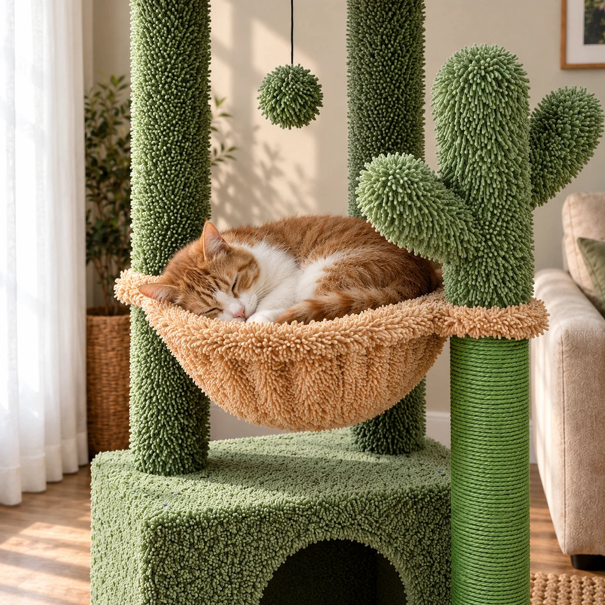 Chat roux et blanc endormi dans le hamac beige de l’arbre à chat cactus Saguaro