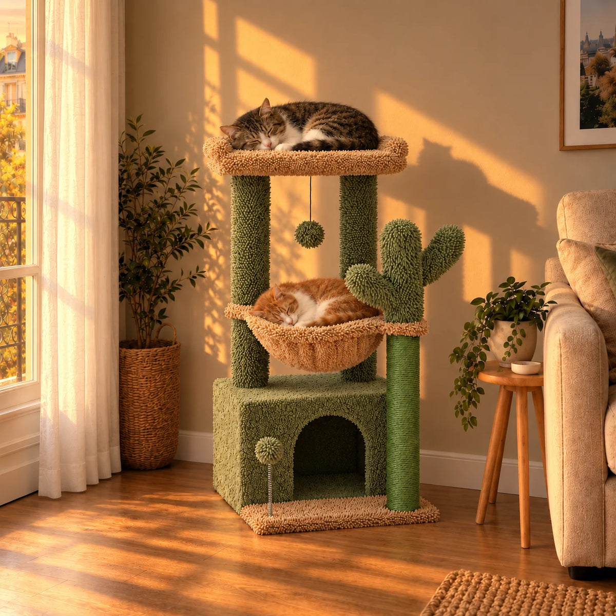 Arbre à chat cactus Saguaro vert et beige au coucher du soleil avec deux chats endormis