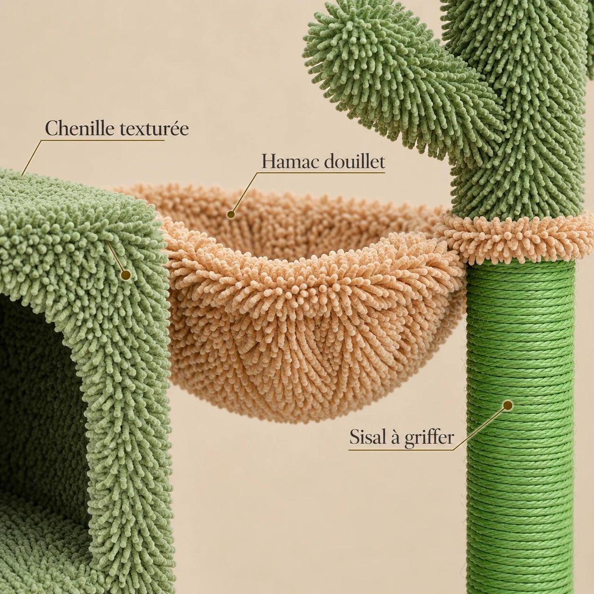 Détails de la chenille verte, du sisal vert à griffer et du hamac beige de l’arbre à chat Saguaro