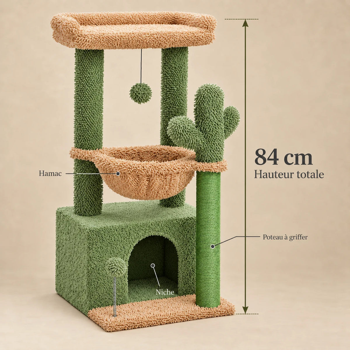Dimensions de l’arbre à chat cactus Saguaro vert et beige : hauteur totale de 84 cm