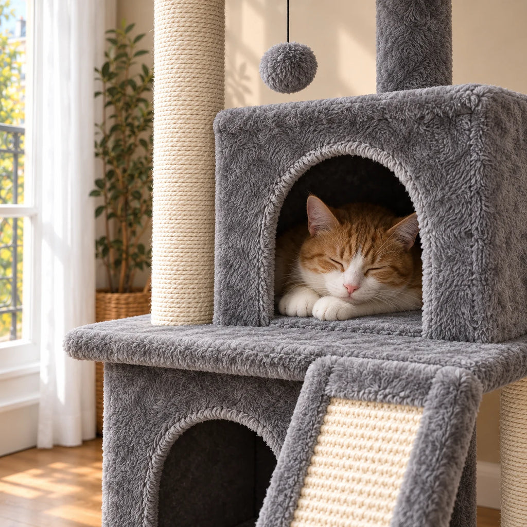 Chat roux endormi dans la niche supérieure grise de l’arbre à chat Mabel