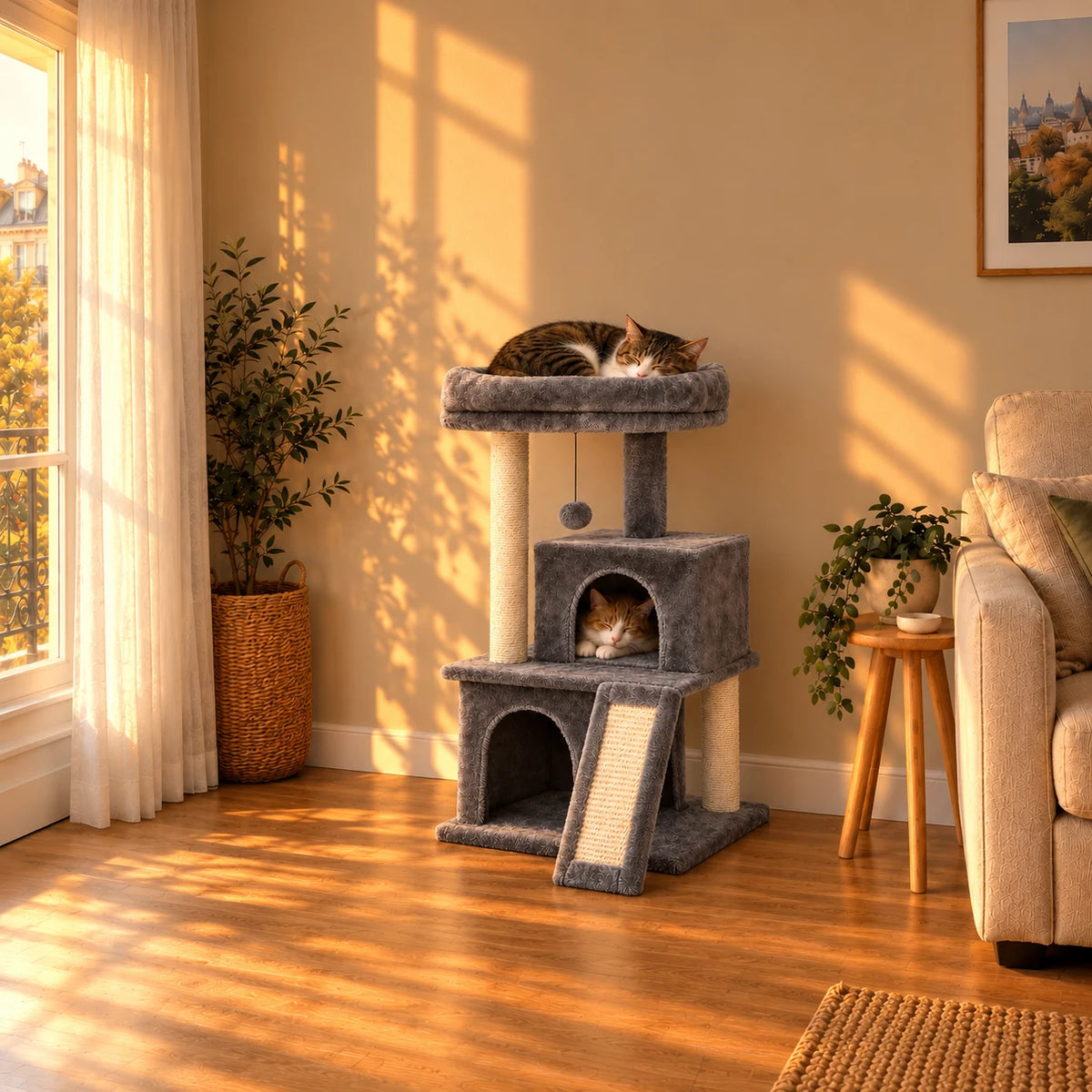 Arbre à chat Mabel gris dans le salon au coucher du soleil avec deux chats endormis