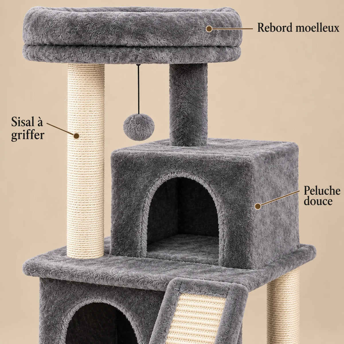 Détails de la peluche grise, du sisal et du rebord du perchoir de l’arbre à chat Mabel
