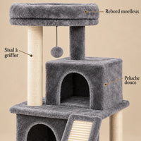 Détails de la peluche grise, du sisal et du rebord du perchoir de l’arbre à chat Mabel