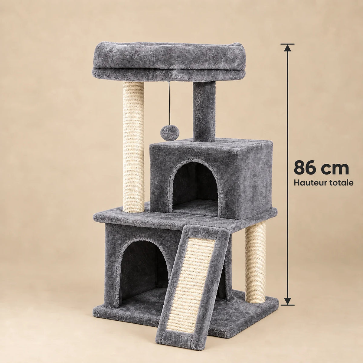 Dimensions du petit arbre à chat Mabel gris : hauteur totale de 86 cm