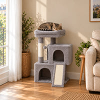 Arbre à chat Pippin gris dans un salon, chat tigré endormi sur le perchoir