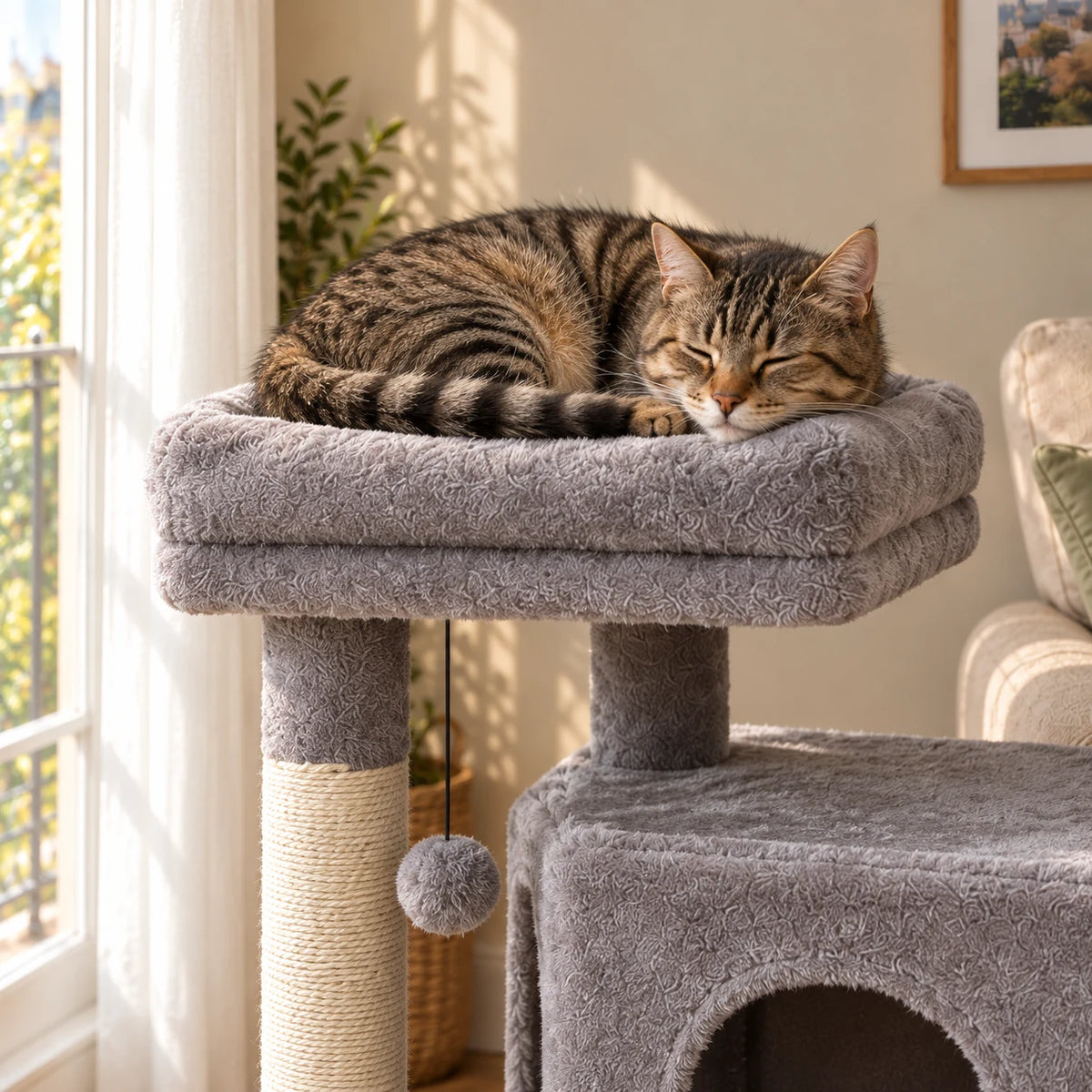 Chat tigré endormi sur le perchoir rembourré gris de l'arbre à chat Pippin