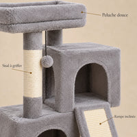Détails de la peluche grise, du sisal et de la rampe à griffer de l'arbre à chat Pippin