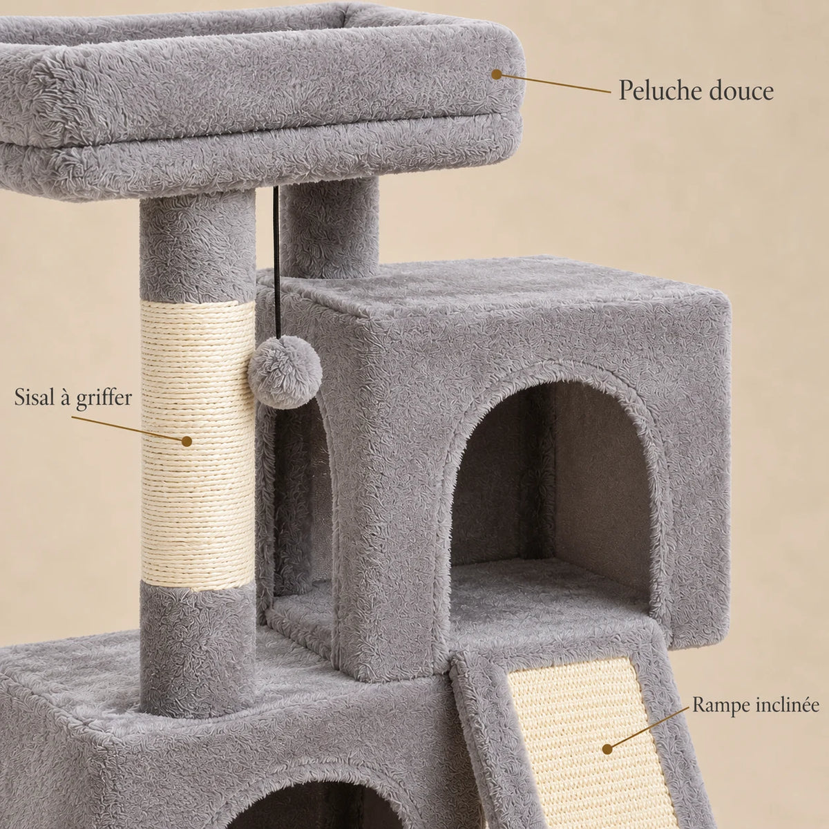 Détails de la peluche grise, du sisal et de la rampe à griffer de l'arbre à chat Pippin