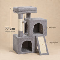 Dimensions de l'arbre à chat Pippin gris : hauteur totale de 77 cm, deux niches et rampe à griffer