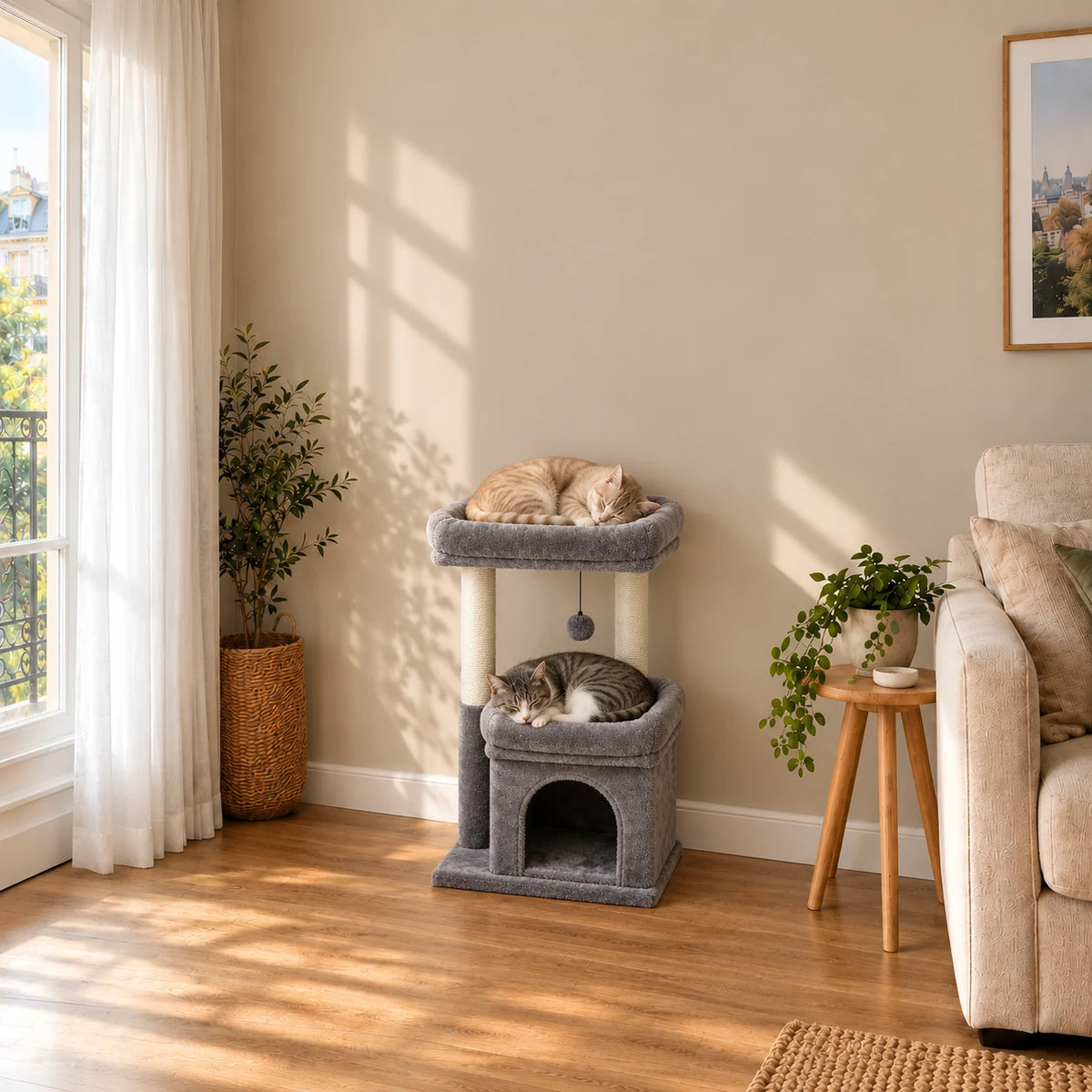 Arbre à chat Smoky gris dans un salon avec deux chats endormis sur ses perchoirs
