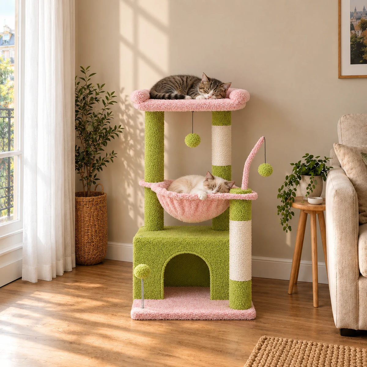 Arbre à chat Dahlia dans un salon avec deux chats endormis sur le plateau rose et le hamac
