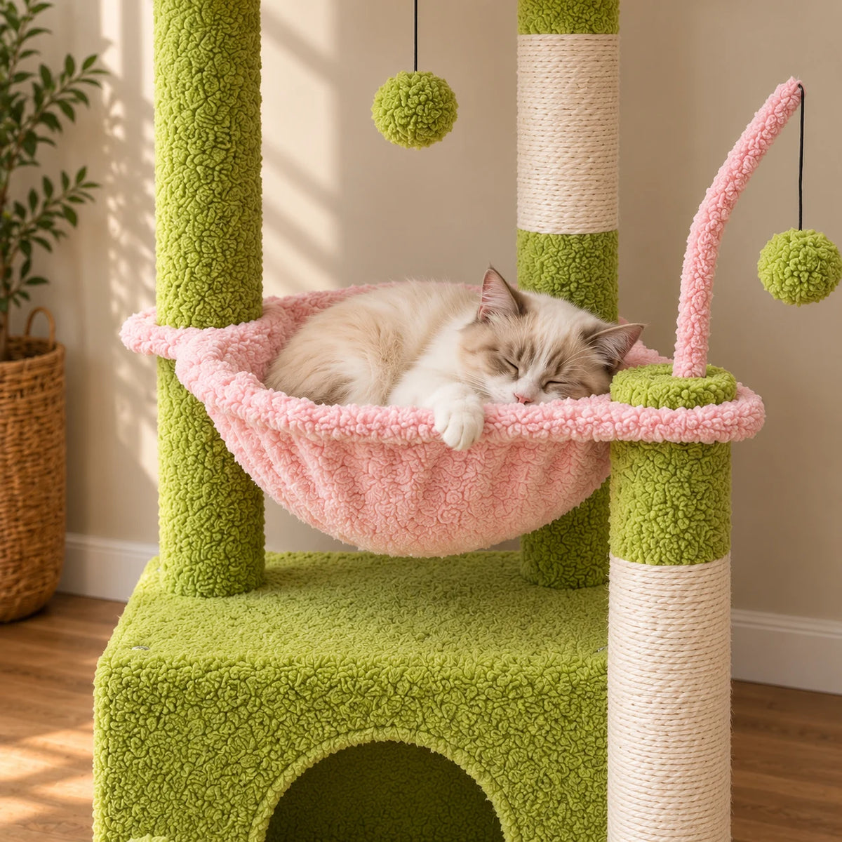 Chat crème endormi dans le hamac rose de l’arbre à chat Dahlia vert pistache