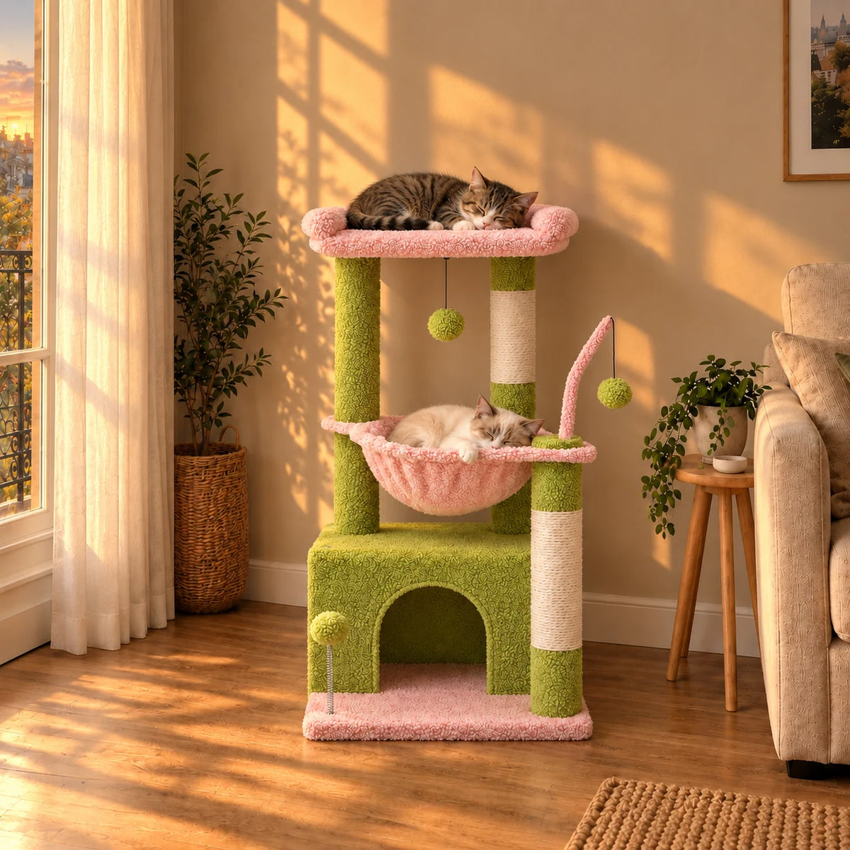 Arbre à chat Dahlia dans le même salon au coucher du soleil avec deux chats endormis