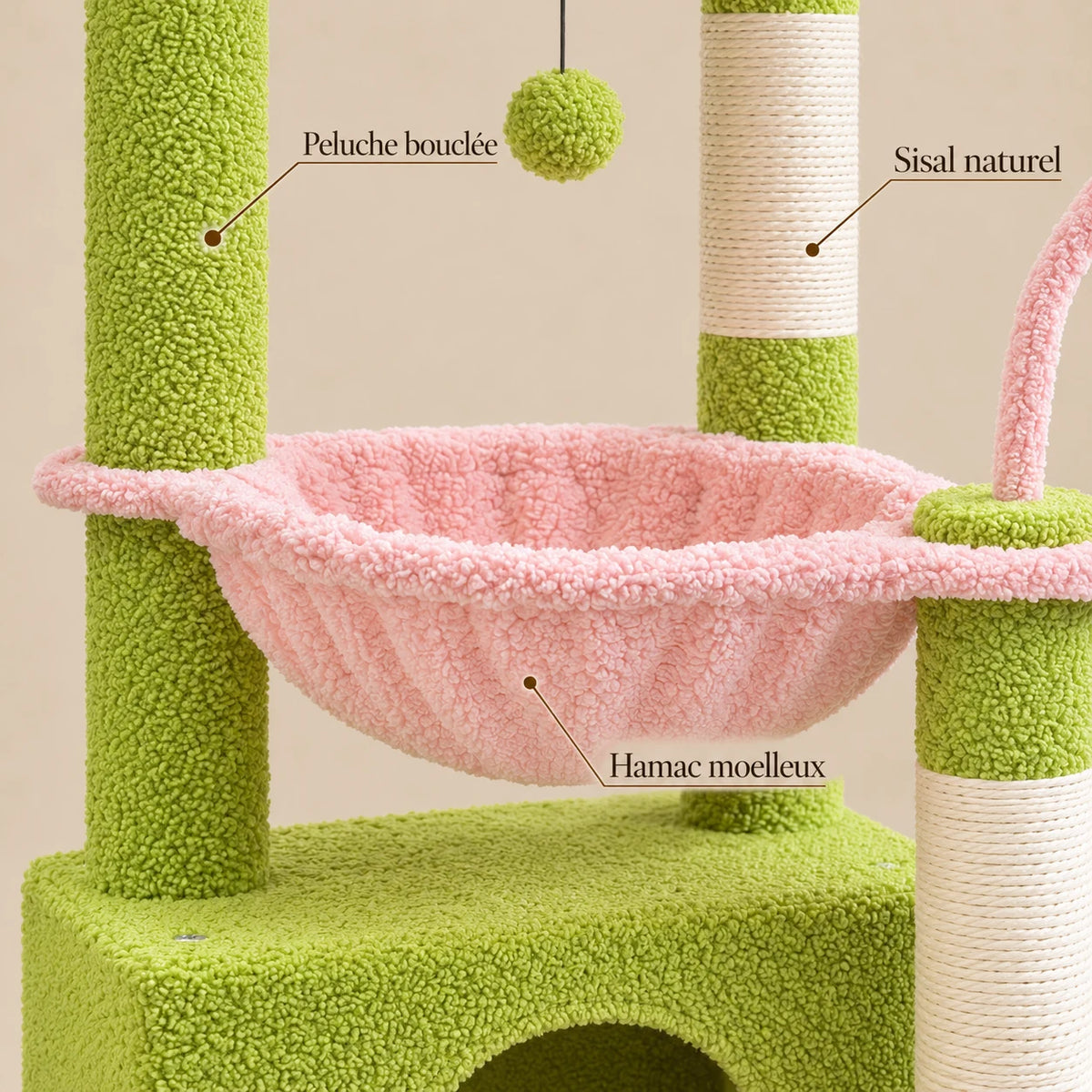 Détails de Dahlia : peluche bouclée vert pistache, sisal naturel et hamac rose moelleux
