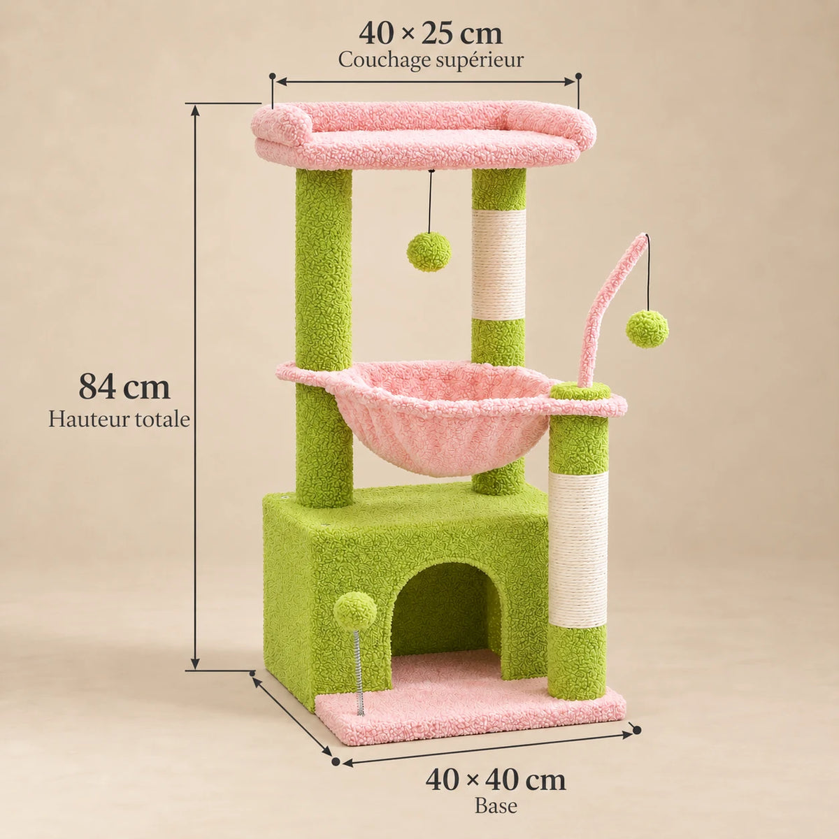 Dimensions de Dahlia : 84 cm de haut, base de 40 × 40 cm et couchage supérieur de 40 × 25 cm