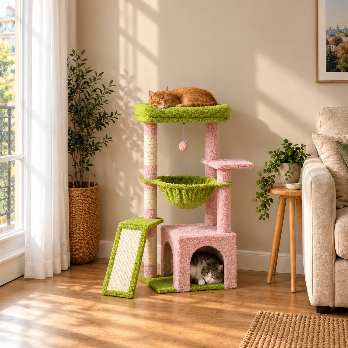 Petit arbre à chat rose et vert Posy dans un salon avec deux chats endormis