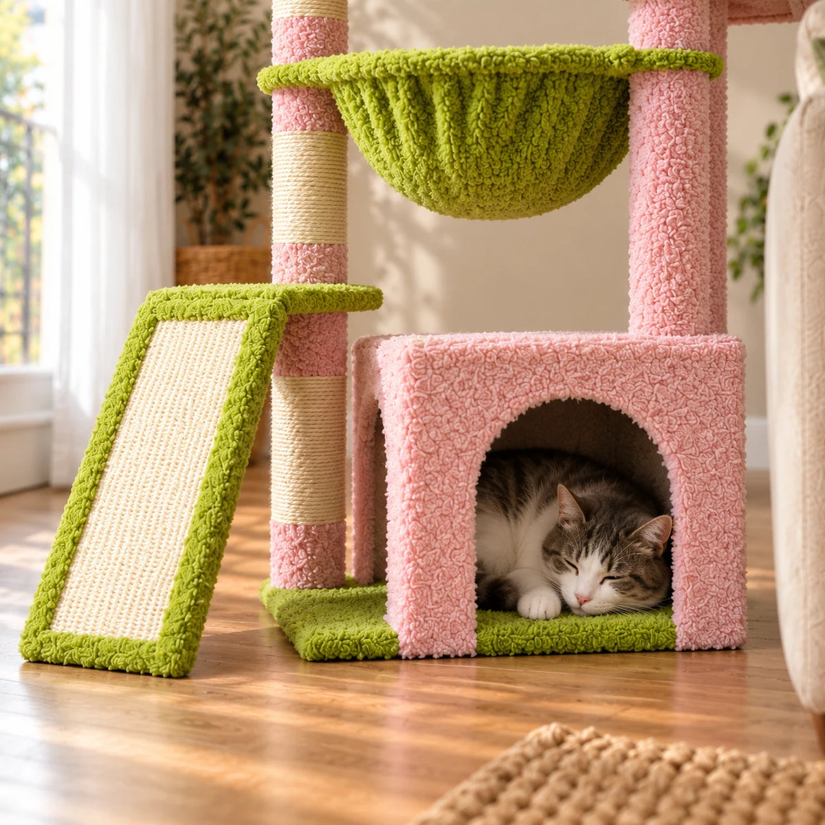 Chat gris et blanc endormi dans la niche rose de l'arbre à chat Posy