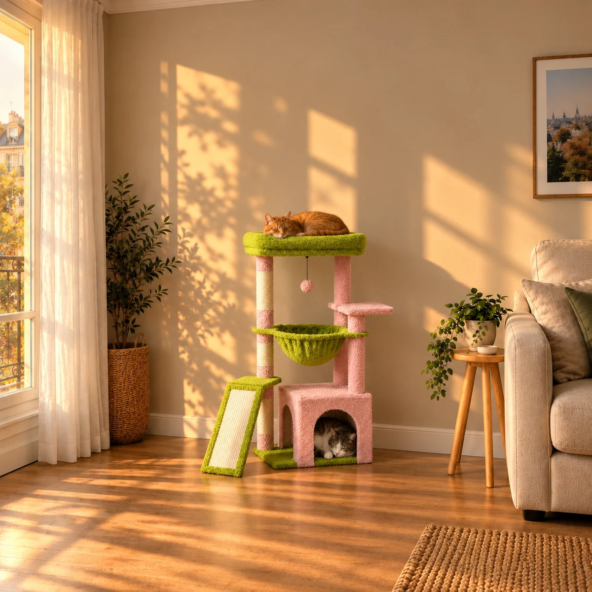 Arbre à chat Posy rose et vert au coucher du soleil dans un salon avec deux chats endormis