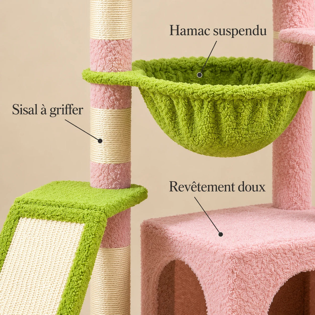 Détails de Posy : hamac vert, poteau en sisal crème, rampe et niche rose en revêtement doux