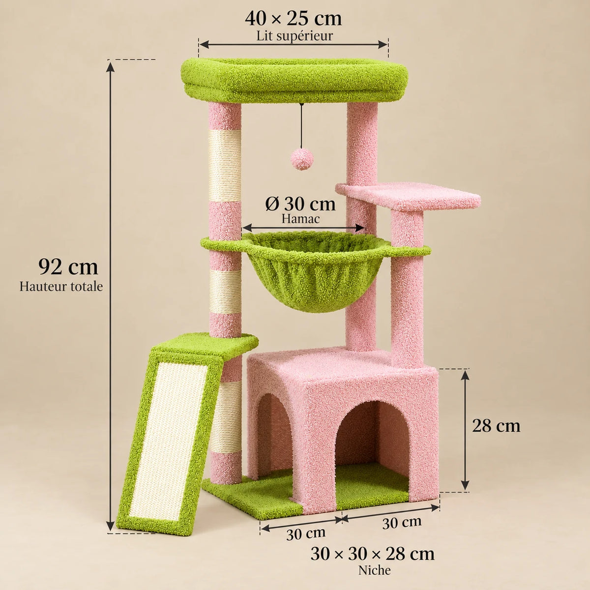 Dimensions fabricant de Posy : hauteur 92 cm, lit supérieur 40 × 25 cm, niche 30 × 30 × 28 cm et hamac diamètre 30 cm
