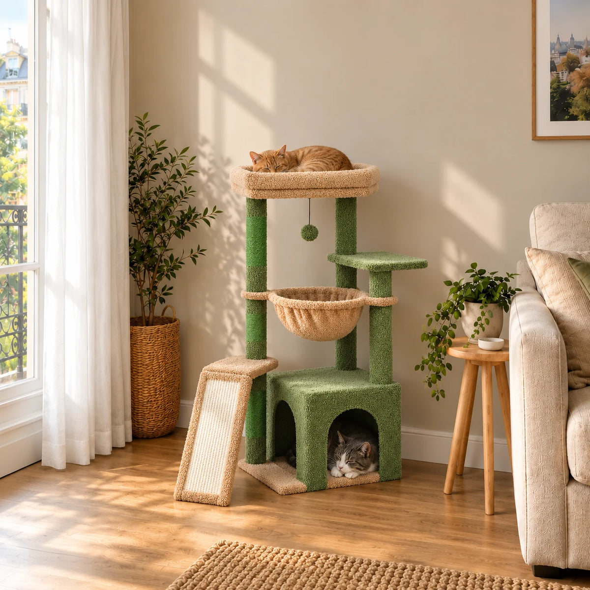 Petit arbre à chat Olive vert et beige dans un salon avec deux chats endormis