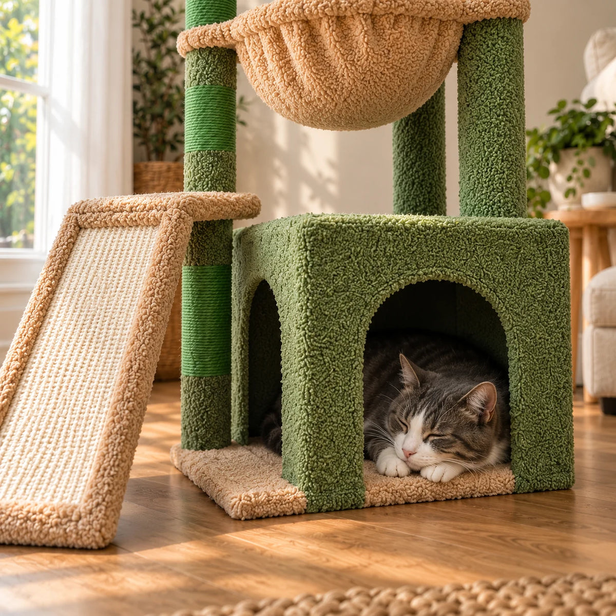 Chat gris et blanc endormi dans la niche verte de l'arbre à chat Olive