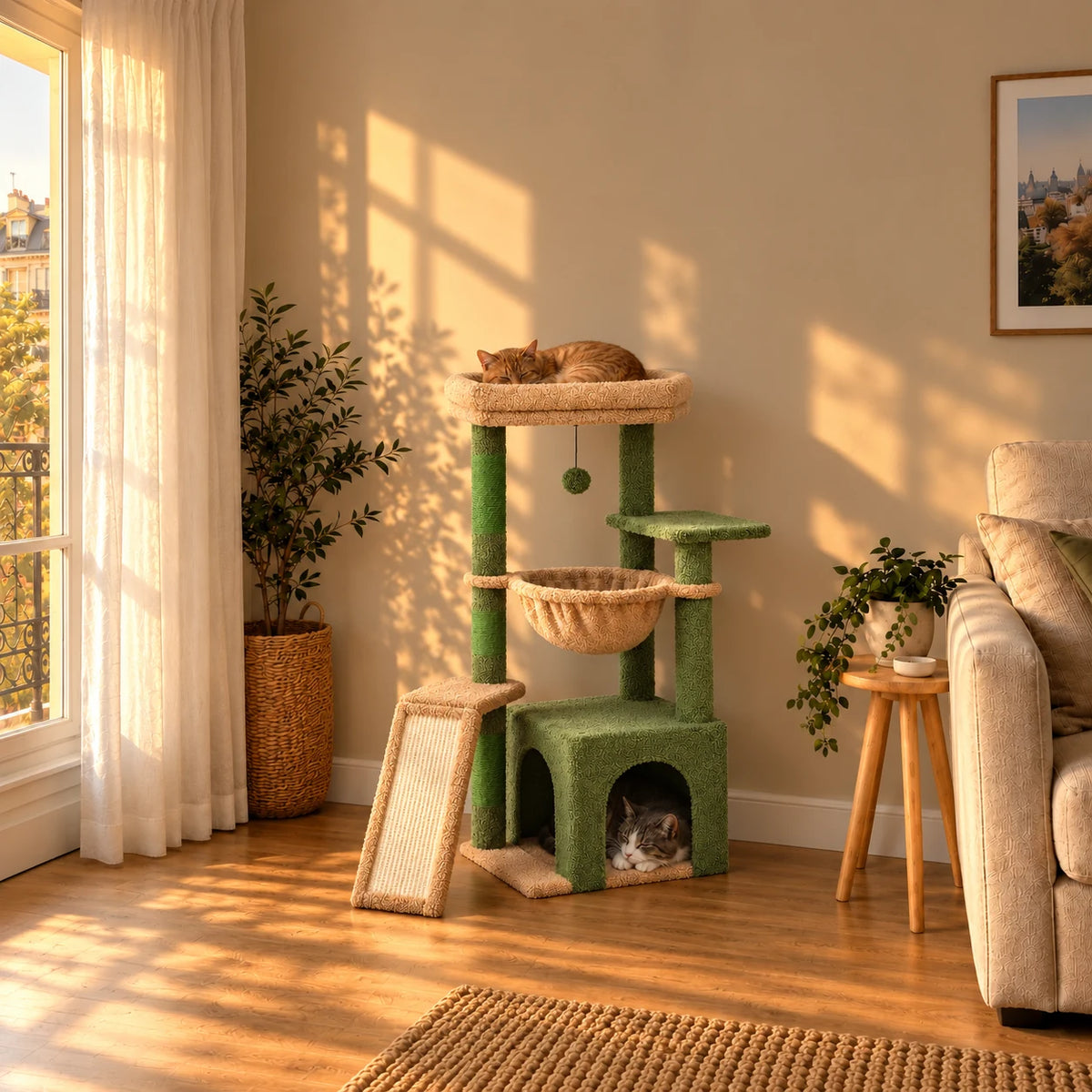 Arbre à chat Olive vert et beige au coucher du soleil dans un salon avec deux chats endormis