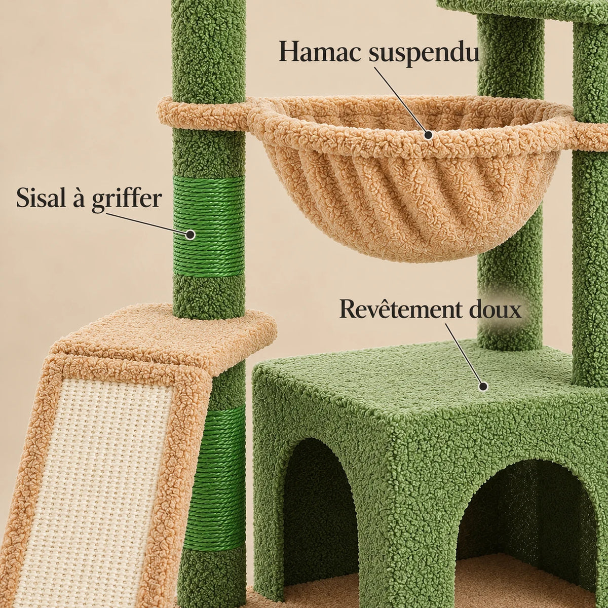 Détails de l'arbre à chat Olive : hamac beige, sisal vert à griffer et niche en revêtement doux