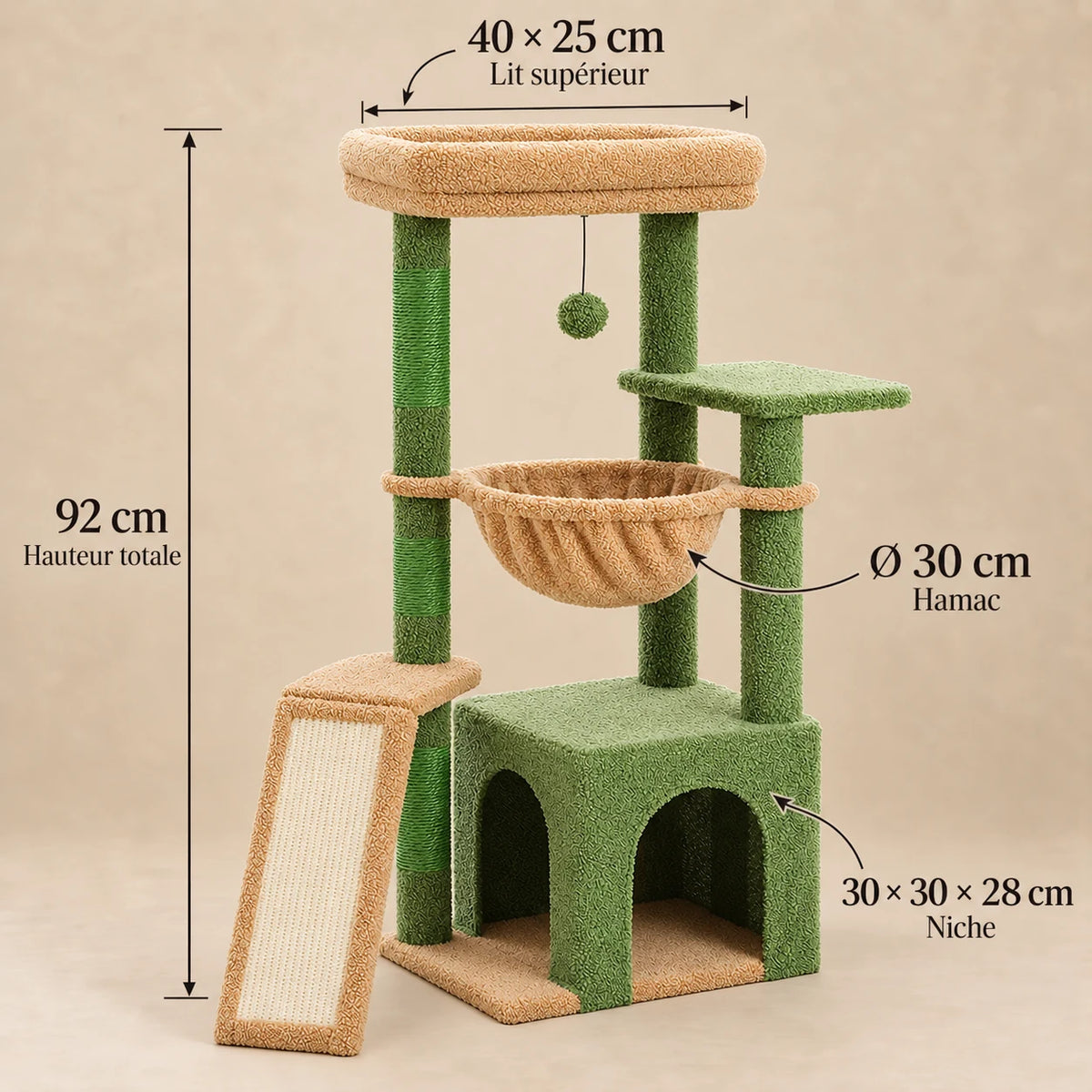 Dimensions fabricant de l'arbre à chat Olive : hauteur 92 cm, lit supérieur 40 × 25 cm, niche 30 × 30 × 28 cm et hamac diamètre 30 cm